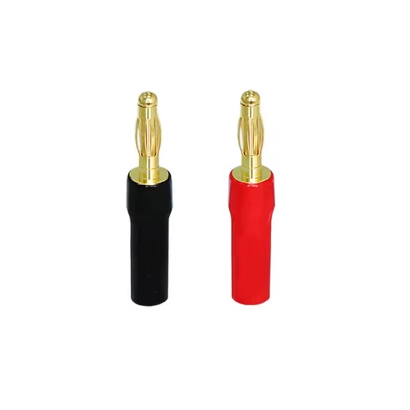 Bugle Boy BLACK and RED banana plugs 4mm in soft silicone, gold pin