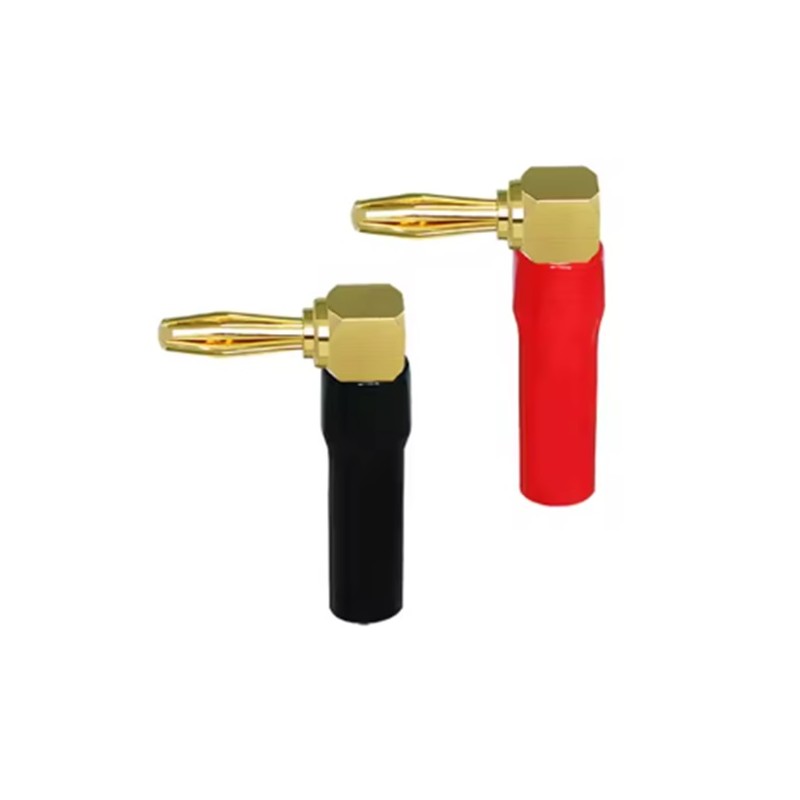 Bugle Boy BLACK and RED angled banana plugs 4mm in soft silicone, gold pin
