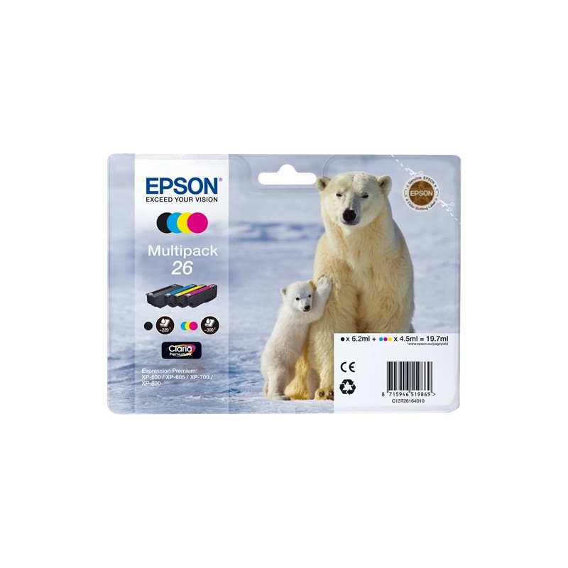 ORIGINAL Epson Multipack nero / ciano / magenta / giallo C13T26164010 26 ~1120 Seiten 4 cartucce d'inchiostro: T2601 + T2612 + T