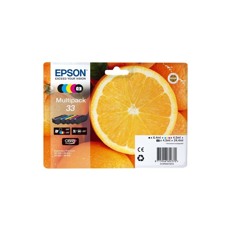 ORIGINAL Epson Multipack nero / ciano / magenta / giallo C13T33374010 33 ~1350 Seiten 5 cartucce d'inchiostro: T3331 + T3341 + T