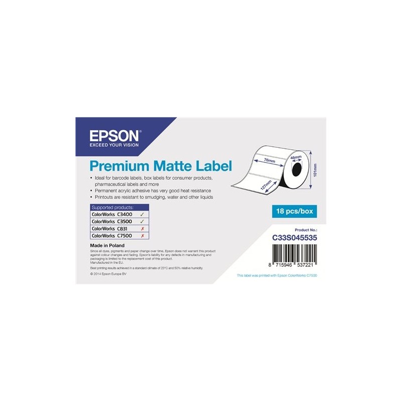 ORIGINAL Epson Etichette Bianco C33S045535 S045535 Premium Matte Label - Die-cut Roll: 76mm x 127mm, 265 labels