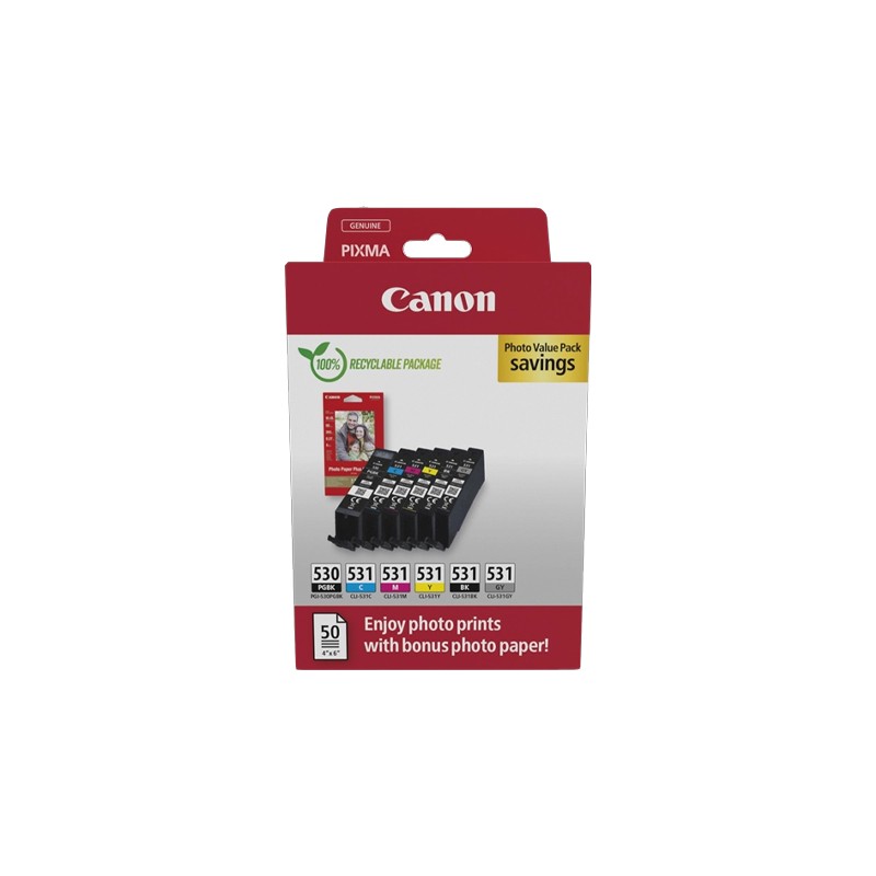 ORIGINAL Canon Value Pack nero / ciano / magenta / giallo / Grigio PGI-530+CLI-531 + 10x15 cm Fotopapier 50 Blatt ~2705 Seiten
