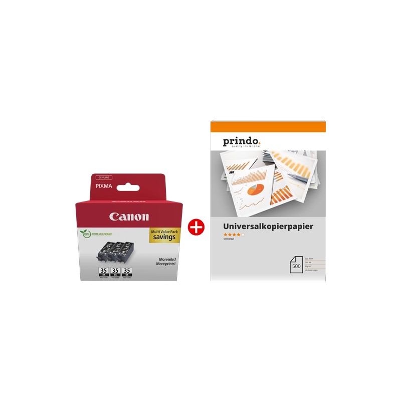 PGI-35BK 3er MCVP + Prindo Universal Papier 500 Blatt