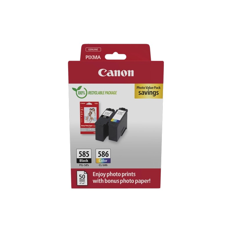 ORIGINAL Canon Value Pack nero / ciano / magenta / giallo PG-585+CL586 + 10x15 cm Fotopapier 50 Blatt ~360 Seiten