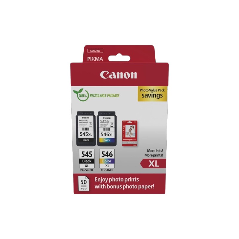 ORIGINAL Canon Value Pack nero / differenti colori PG-545XL + CL-546XL + 10x15 cm Fotopapier 50 Blatt ~700 Seiten