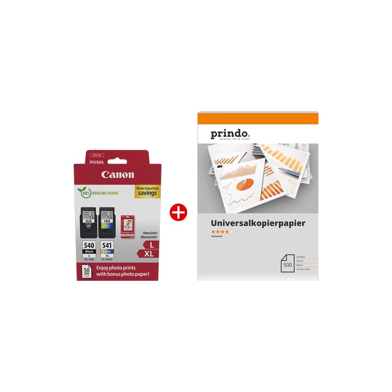 ORIGINAL Canon Value Pack nero / differenti colori / Bianco PG-540L+CL-541XL MCVP + Prindo Universal Papier 500 Blatt ~700 Seite