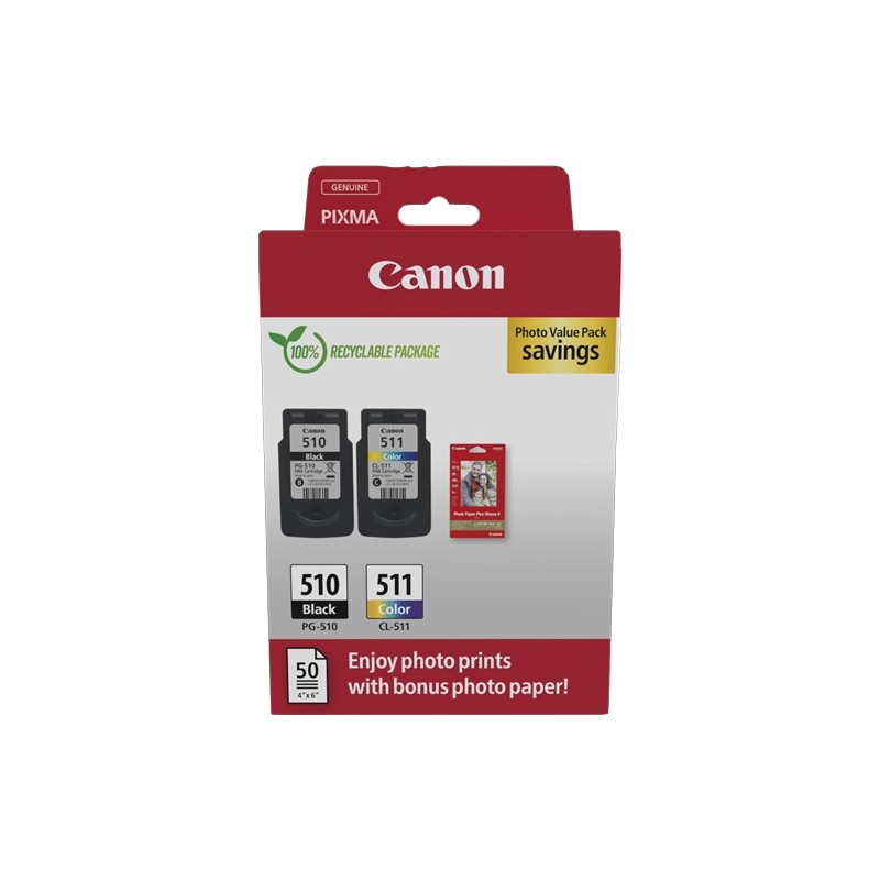 ORIGINAL Canon Value Pack nero / differenti colori / Bianco PG-510+CL-511 + 10x15 cm Fotopapier 50 Blatt ~464 Seiten