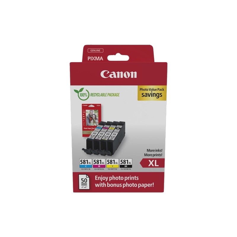 ORIGINAL Canon Value Pack nero / ciano / magenta / giallo CLI-581 XL + 10x15 cm Fotoglanzpapier Plus II 50 Blatt ~4623 Seiten