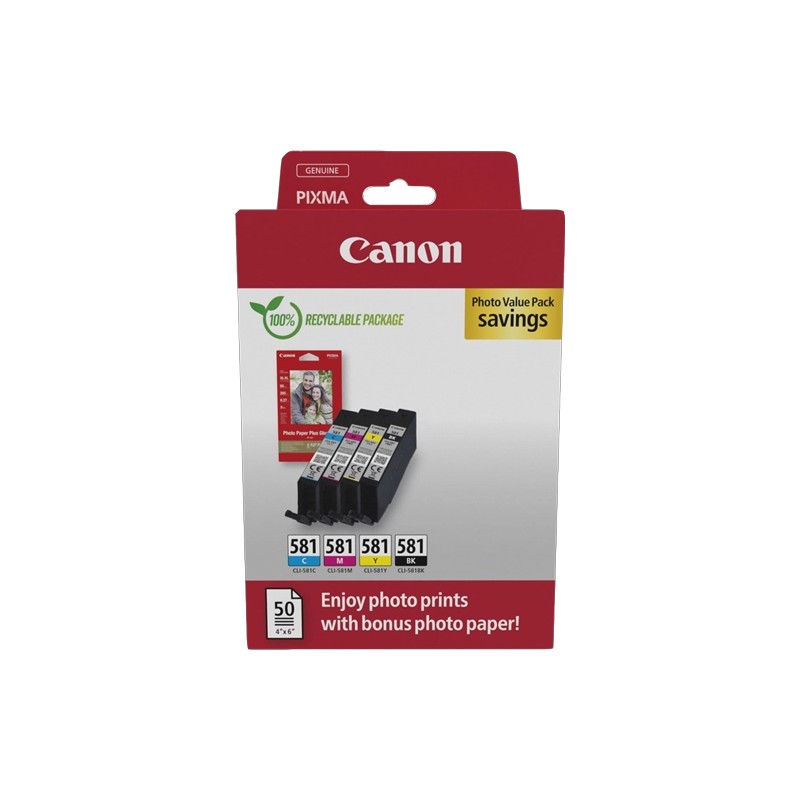 ORIGINAL Canon Value Pack nero / ciano / magenta / giallo CLI-581 + 10x15 cm Fotopapier 50 Blatt ~1503 Seiten