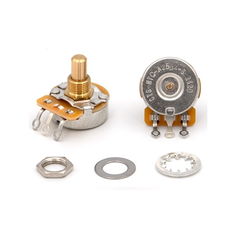 CTS 250KA High Torque, 30% LOG potentiometer for GUITAR, "dimple", short 3/8" bushing, full shaft