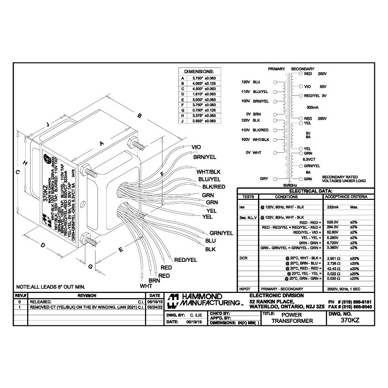 Hammond 370KZ, trasformatore di alimentazione (montaggio orizzontale)