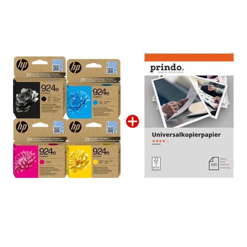 Original HP + Prindo Universal Papier 500 Blatt (924e MCVP) nero/ciano/magenta/giallo/Bianco Value Pack