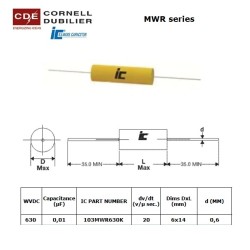 Illinois Capacitor 0,01uF 630V, condensatore poliestere assiale, 103MWR630K