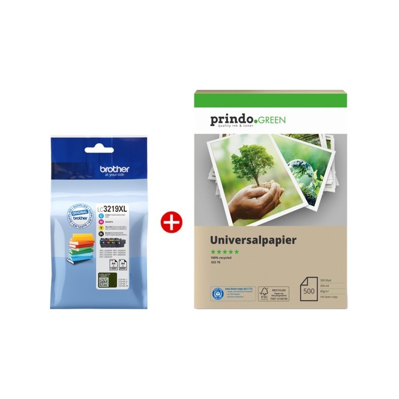 ORIGINAL Brother Value Pack nero / ciano / magenta / giallo LC3219XL MCVP 01 + Prindo Green Recyclingpapier 500 Blatt