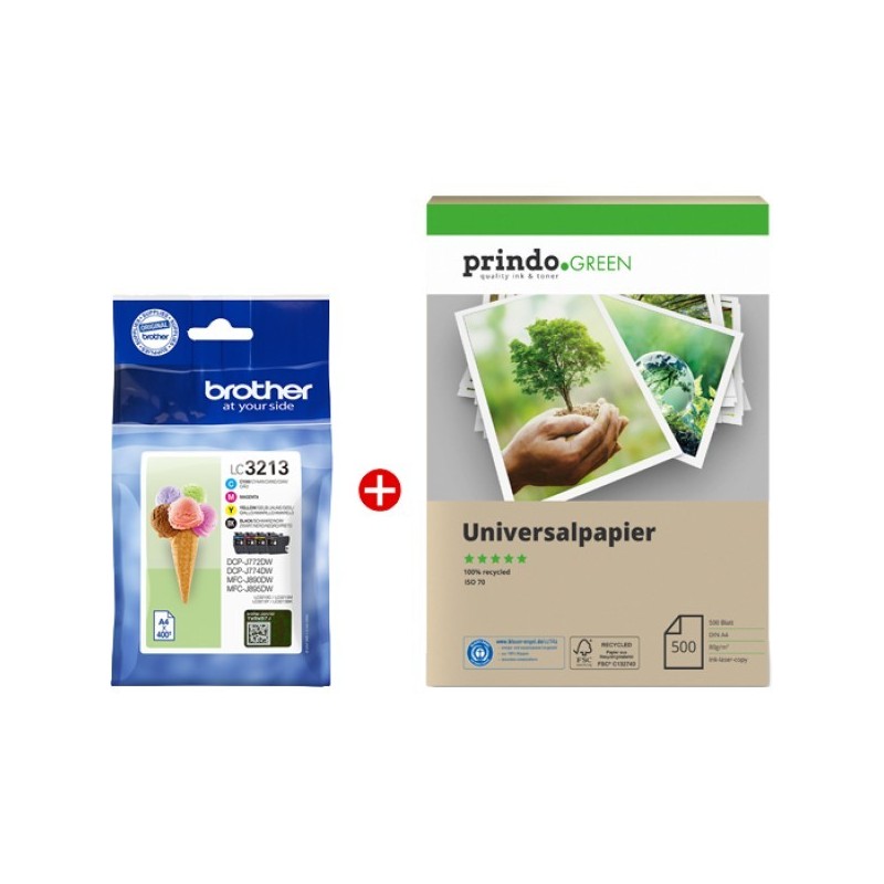 ORIGINAL Brother Value Pack nero / ciano / magenta / giallo LC3213 MCVP + Prindo Green Recyclingpapier 500 Blatt