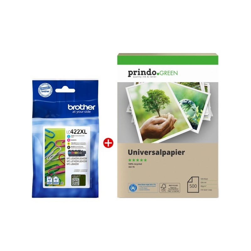 ORIGINAL Brother Value Pack nero / ciano / magenta / giallo LC422XL MCVP + Prindo Green Recyclingpapier 500 Blatt