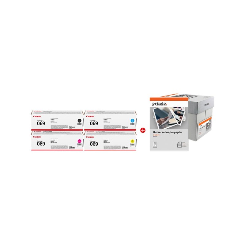 ORIGINAL Canon 069 MCVP nero / ciano / magenta / giallo / Bianco Value Pack + Prindo Universal Papier 2500
