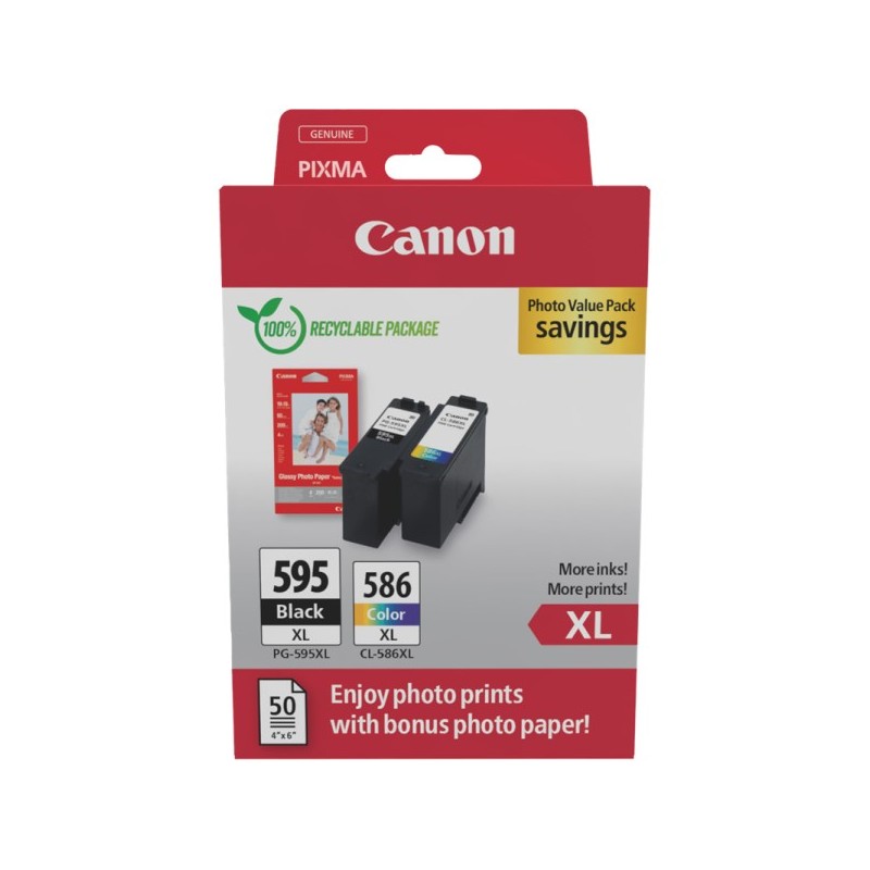 ORIGINAL Canon PG-595XL+CL-586XL nero / differenti colori / Bianco Value Pack + Fotopapier 50 Blatt 10x 15 c