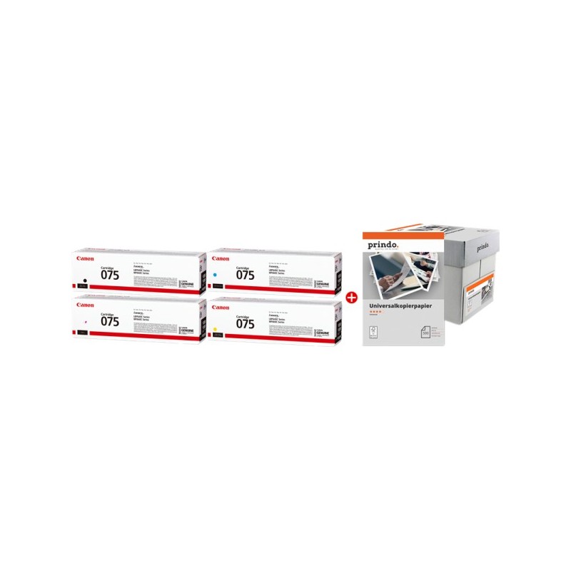 ORIGINAL Canon 075 MCVP nero / ciano / magenta / giallo / Bianco Value Pack + Prindo Universal Papier 2500