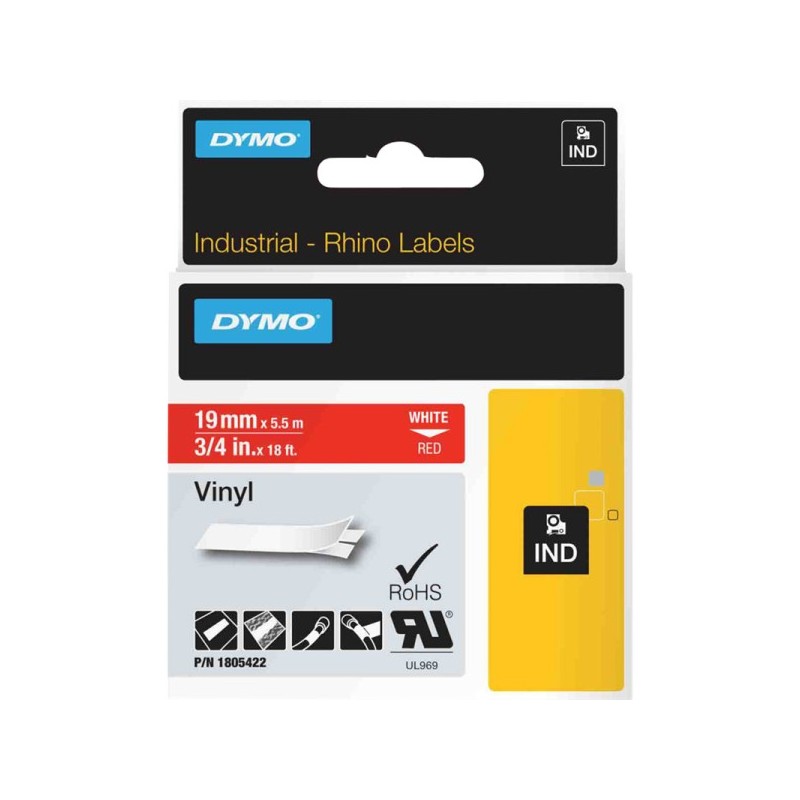 ORIGINAL DYMO 1805422 Rhino Etichette in vinile industriale 19mm x 5,5m Nastro Bianco su rosso