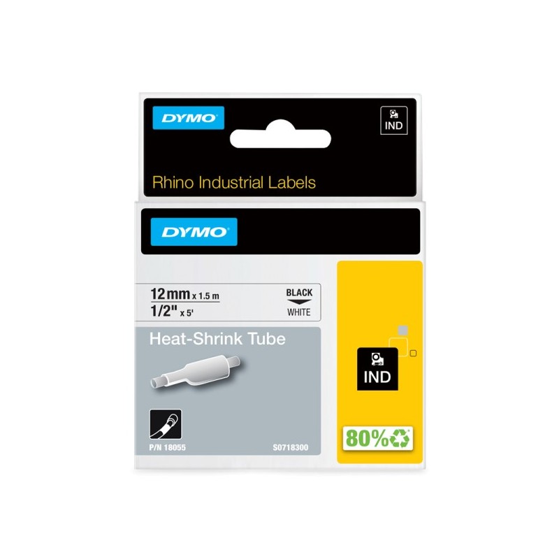 ORIGINAL DYMO Rhino 18055 Guaina termorestringente 12 mm x 1,5 m Nastro Nero su bianco (S0718300)
