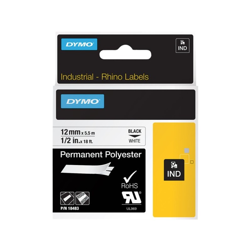 ORIGINAL DYMO 18483 Rhino Etichette in poliestere permanenti industriali 12mm x 5,5m Nastro Nero su bianco