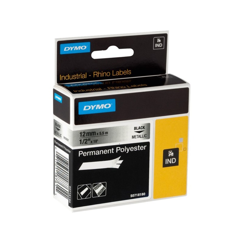 ORIGINAL DYMO RHINO Permanent Polyester 12mm Nastro Nero su argento (S0718180)