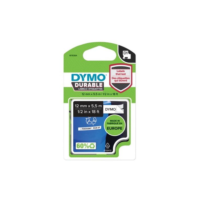ORIGINAL DYMO 1978364 D1 Nastro in vinile 12mm x 5,5m Nastro Nero su bianco
