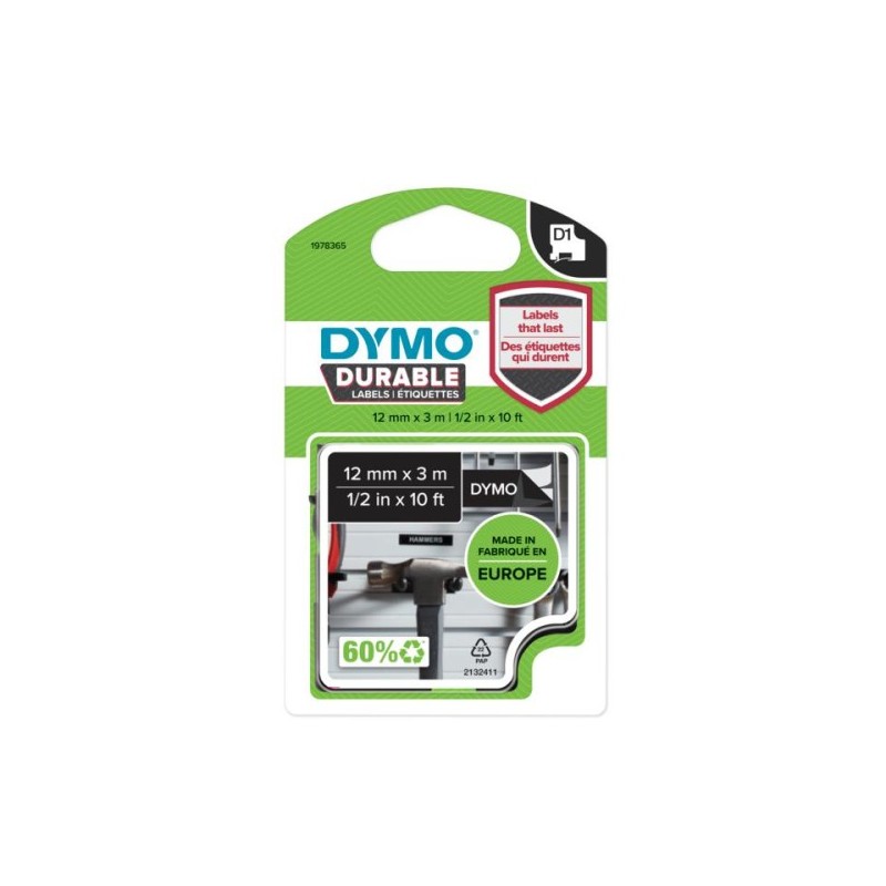ORIGINAL DYMO 1978365 D1 Nastro in vinile 12mm x 3m Nastro Bianco su nero