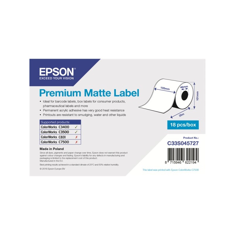 ORIGINAL Epson C33S045727 Premium Matte Label - 105mm x 35m Bianco