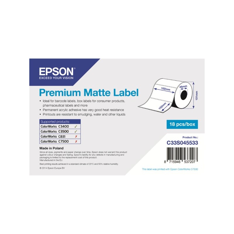 ORIGINAL Epson C33S045533 Premium Matte Label - 102 x 152mm Bianco