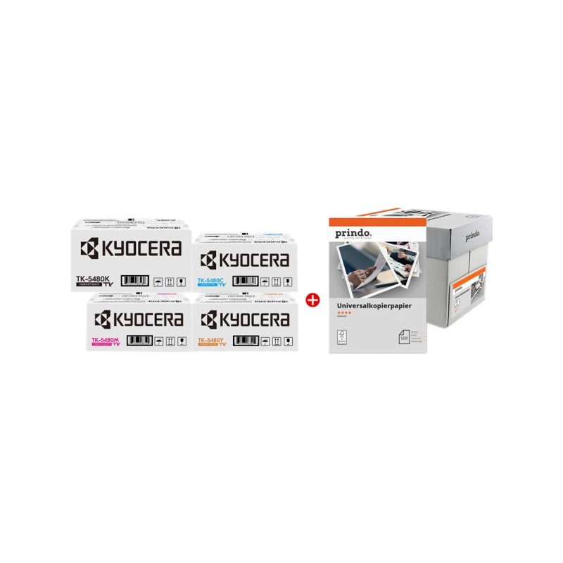 ORIGINAL Kyocera TK-5480 MCVP nero / ciano / magenta / giallo / Bianco Value Pack + Prindo Universal Papier 2500