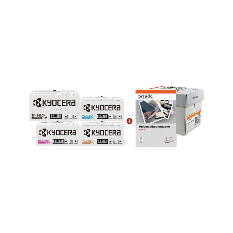 ORIGINAL Kyocera TK-5490 MCVP nero / ciano / magenta / giallo / Bianco Value Pack + Prindo Universal Papier 2500