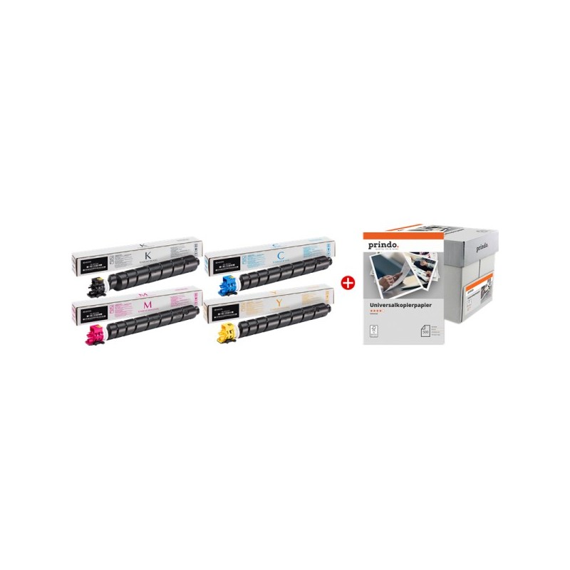 ORIGINAL Kyocera TK-8525 MCVP 01 nero / ciano / magenta / giallo / Bianco Value Pack + Prindo Universal Papier 2500