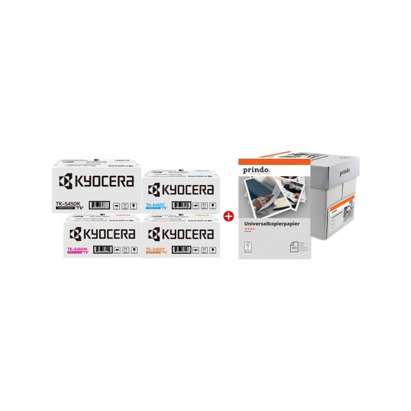 ORIGINAL Kyocera TK-5450 MCVP nero / ciano / magenta / giallo / Bianco Value Pack + Prindo Universal Papier 2500