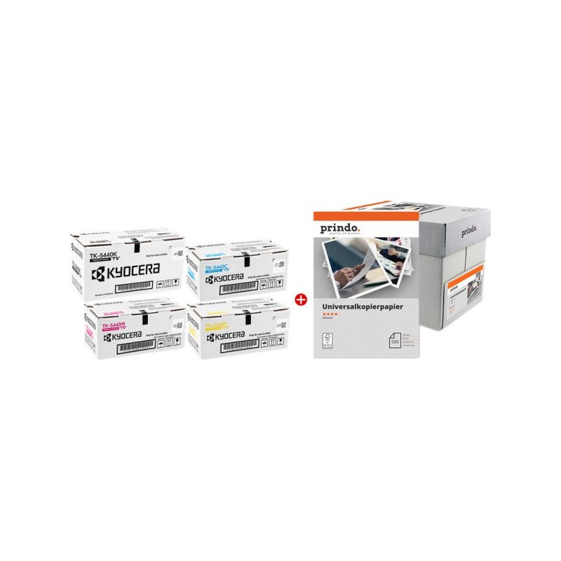 ORIGINAL Kyocera TK-5440 MCVP nero / ciano / magenta / giallo / Bianco Value Pack + Prindo Universal Papier 2500