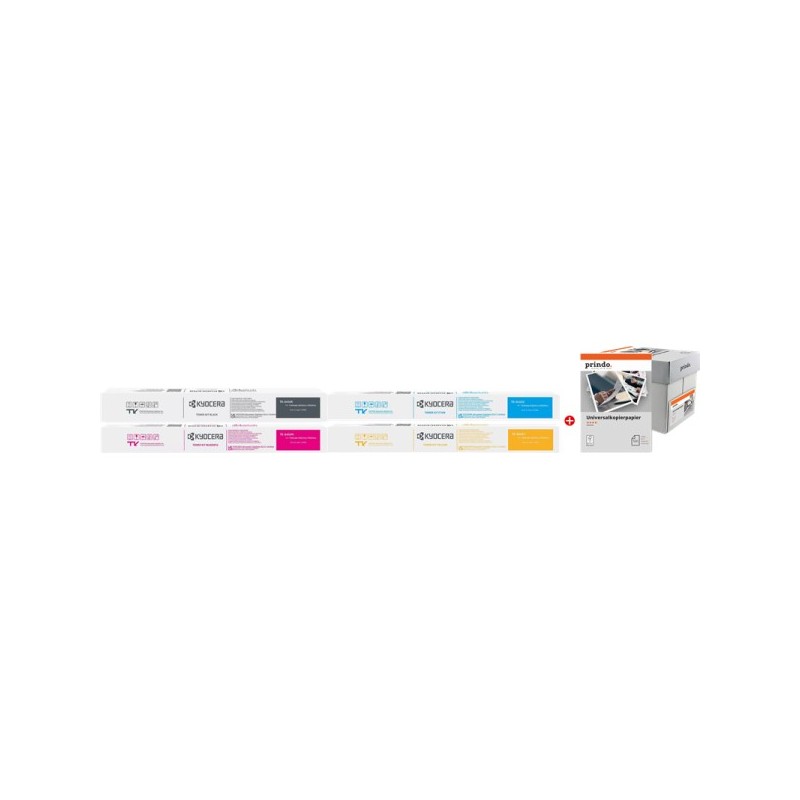 ORIGINAL Kyocera TK-8455 MCVP nero / ciano / magenta / giallo / Bianco Value Pack + Prindo Universal Papier 2500