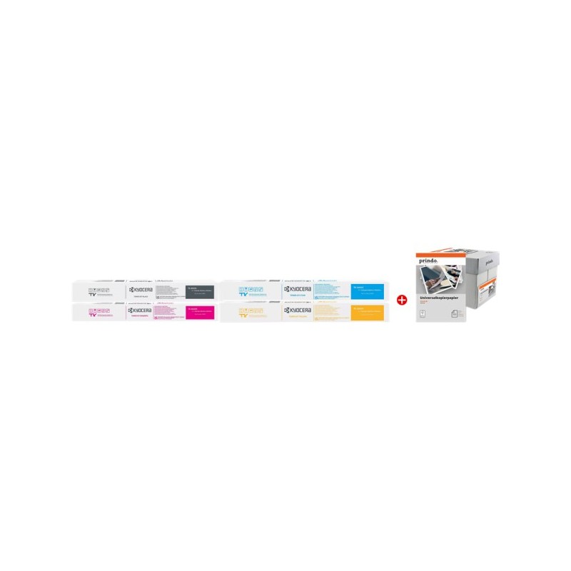 ORIGINAL Kyocera TK-8605 MCVP nero / ciano / magenta / giallo / Bianco Value Pack + Prindo Universal Papier 2500